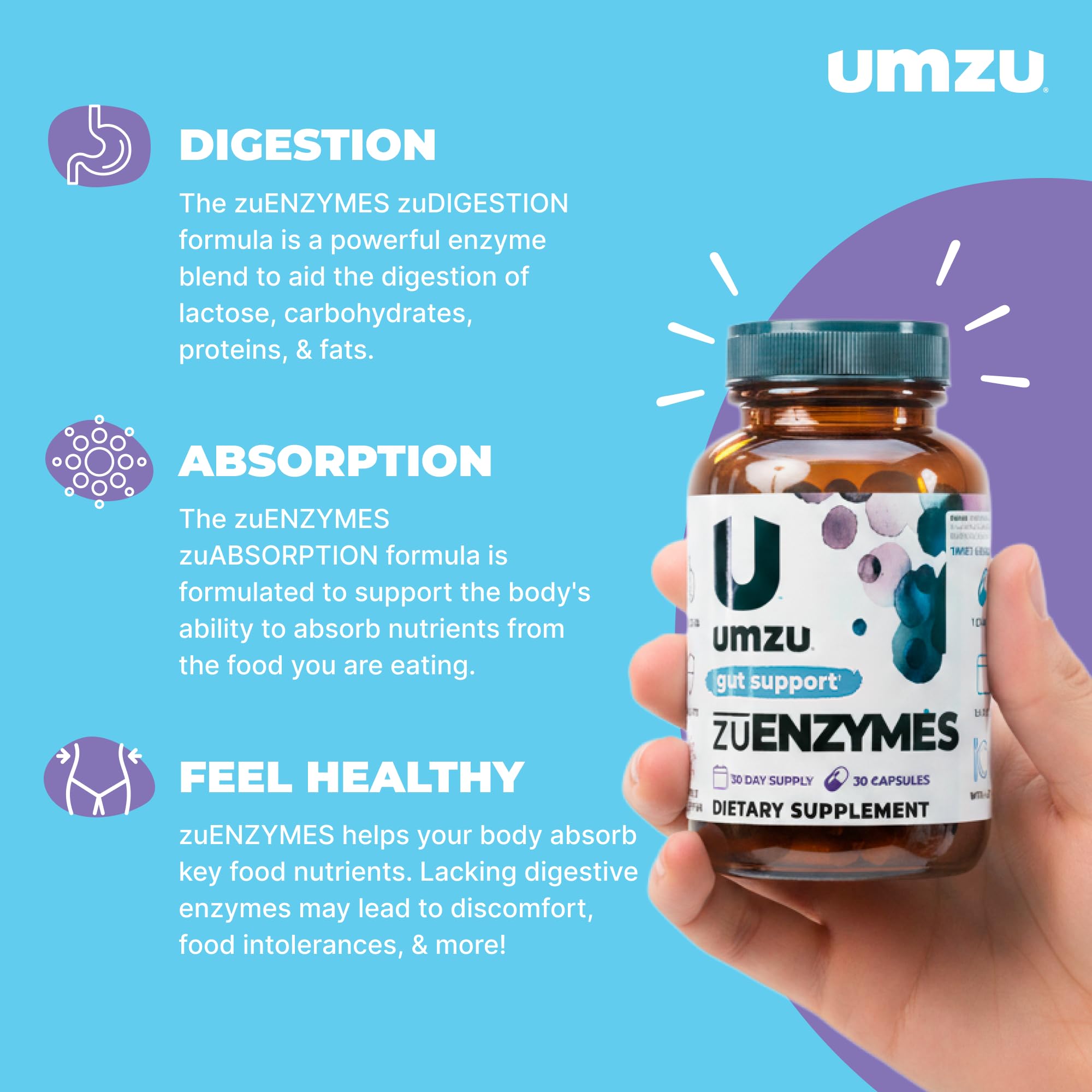 UMZU zuEnzymes Digestive Support Supplement, (30 Day Supply) – 21 Enzyme Blend with Lipase Protease & Amylase – Digestive Enzymes for Gut Health & Probiotic Daily