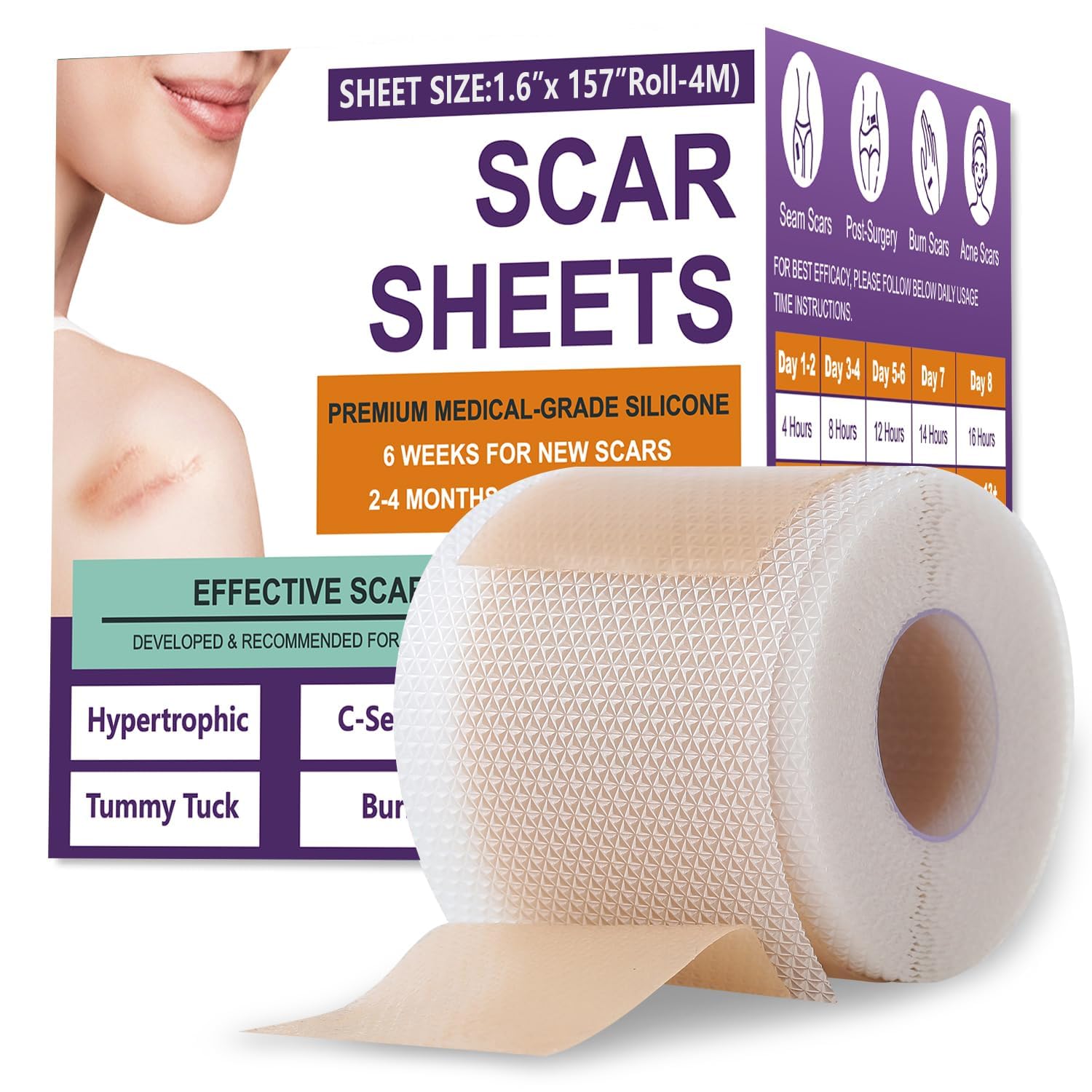 Silicone Scar Sheets,Silicone Scar Tape,Silicone Scar Removal Strips for Surgical,C-Section,Tummy Tuck,Keloid Scars