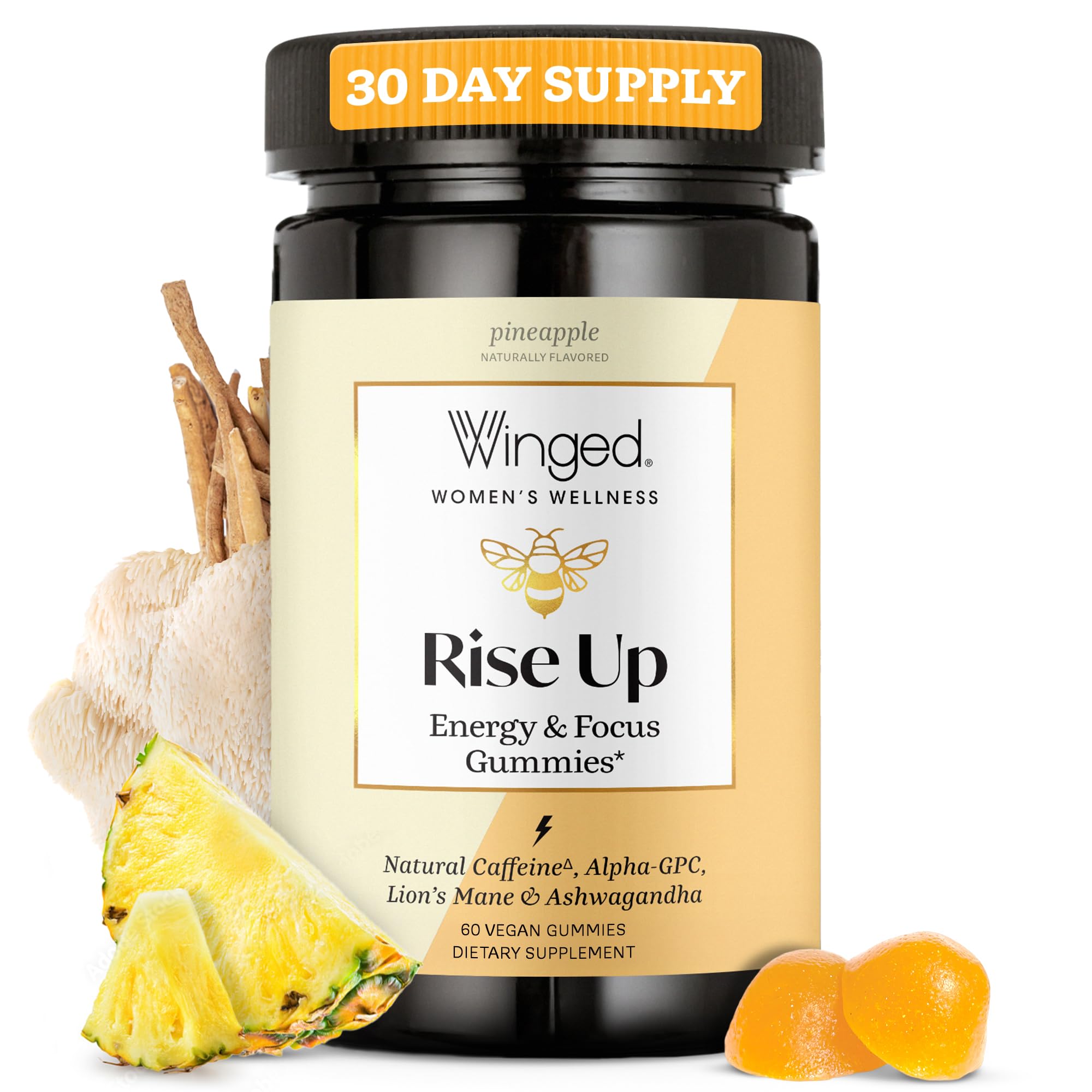 Winged Wellness Rise Up, Energy & Focus Gummies for Women - Daily Brain Boost Gummy Supplement with Natural Caffeine, Ashwagandha, B12, Nootropics Alpha-GPC & Lion’s Mane - Pineapple, 60 Gummies Winged Wellness Au supplements