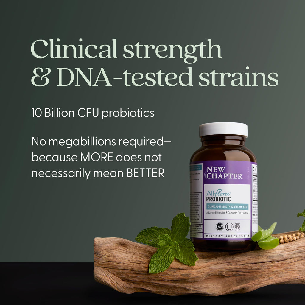 New Chapter All-Flora Probiotic for Advanced Digestion & Complete Gut Health with Prebiotics + Postbiotics, Clinical-Strength Strains, 100% Vegetarian, Non-GMO, Shelf Stable - 60 ct (2 Month Supply) New Chapter Au supplements