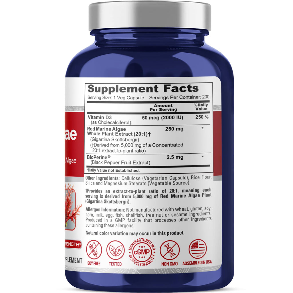 NusaPure Red Marine Algae 20:1 Extract, 250 mg Equivalent to 5,000 mg 200 Veggie Capsules (Non-GMO & Soy Free) Bioperine NusaPure Au supplements