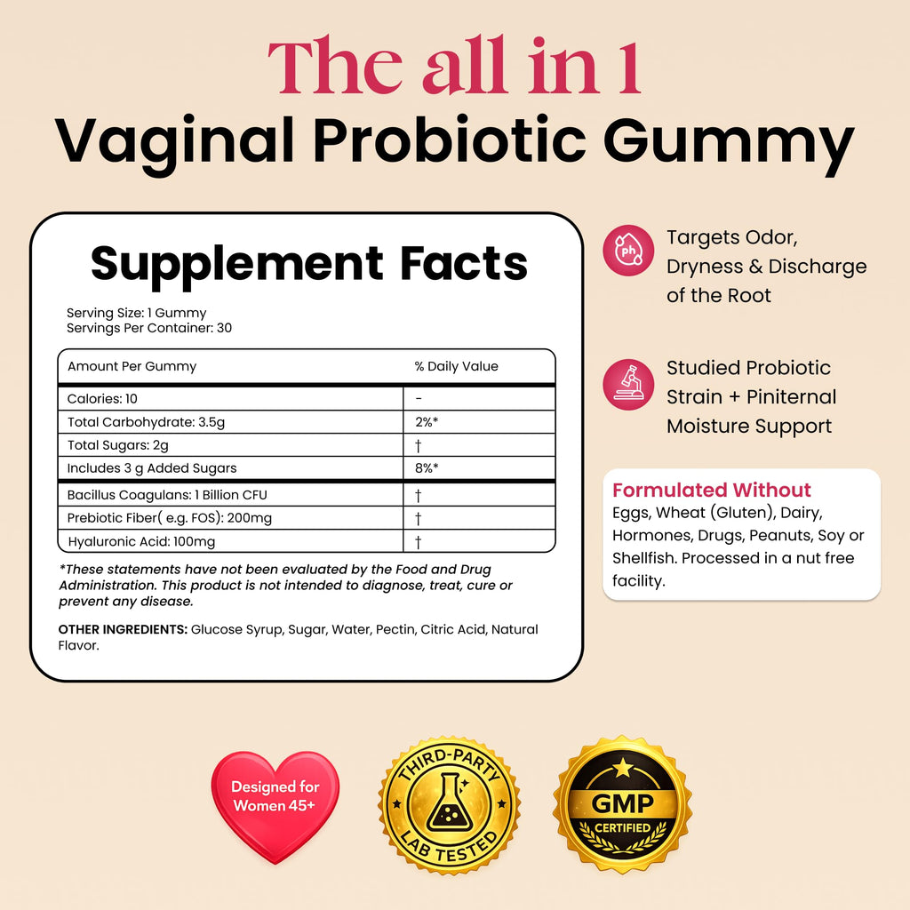 ALLFEMME Flora+ Women’s Vaginal Probiotic Gummies for pH Balance, Odor and Freshness Support with Prebiotics & Hyaluronic Acid