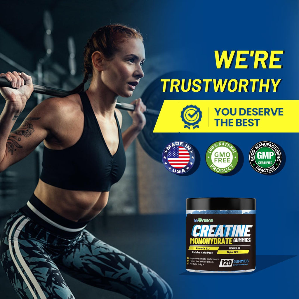 inGreens Creatine Monohydrate Gummies 6g per Serving, Sugar Free Creatine Supplements for Men & Women, Chewable Creatine for Muscle Growth, Strength, Energy