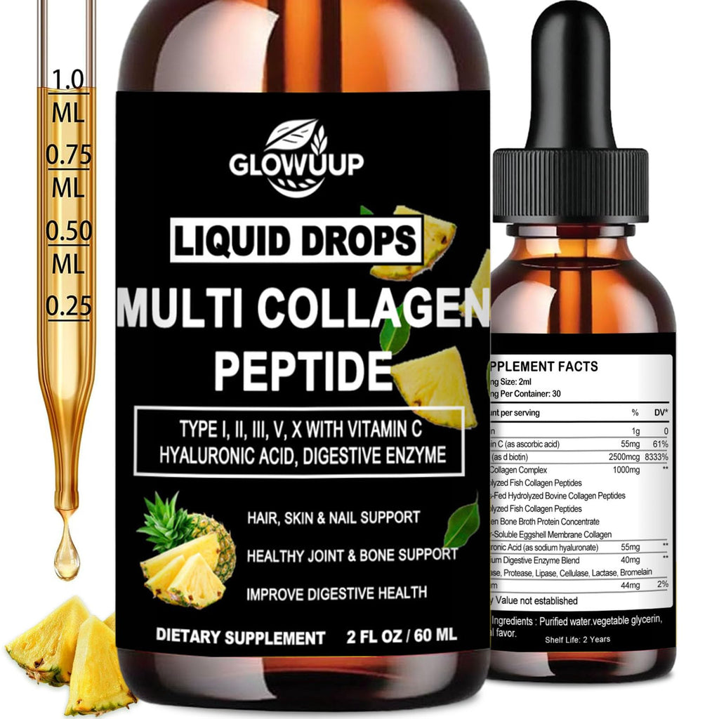 Multi Collagen Peptides Liquid Drops for Women & Men-Type I, II, III, V, X丨Hydrolyzed Collagen Peptides, Collagen Proteins W. Hyaluronic Acid, Biotin & Vitamin C for Hair Skin & Joint Gut Health GLOVVUUP Au supplements