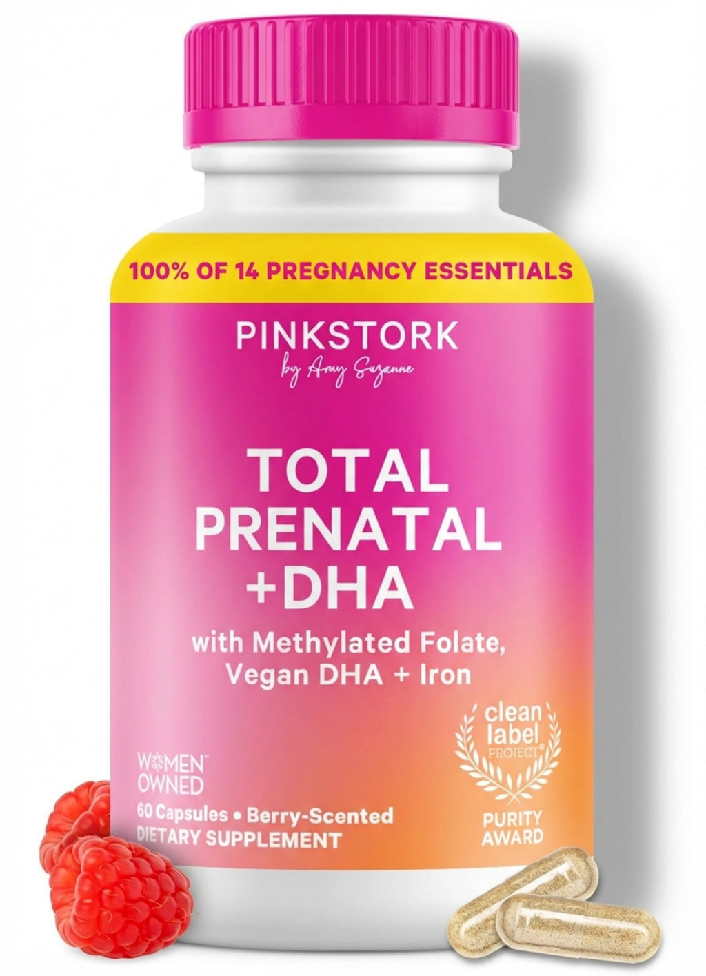 Pink Stork Total Prenatal Vitamins with DHA, Folate, Iron, Choline, and Vitamin B12 - Prenatals for Women to Support Fetal Development, Pregnancy Essentials