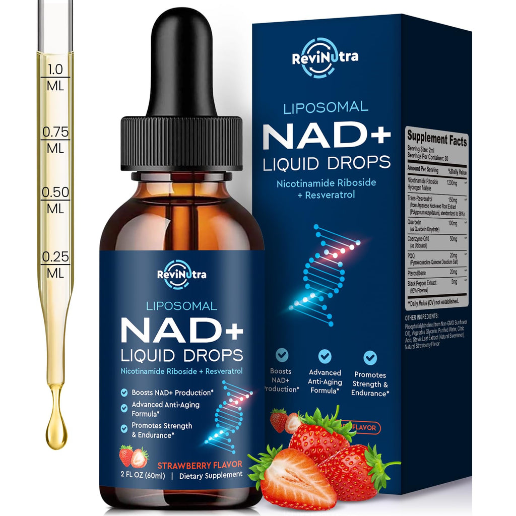 Liposomal NAD+ Liquid Supplement, Nad Resveratrol Supplement for Women & Men, Nicotinamide Riboside with PQQ, CoQ10, Quercetin for Anti-Aging, Brain, Cellular Energy Health, Strawberry Flavor, 2 Fl Oz ReviNutra Au supplements