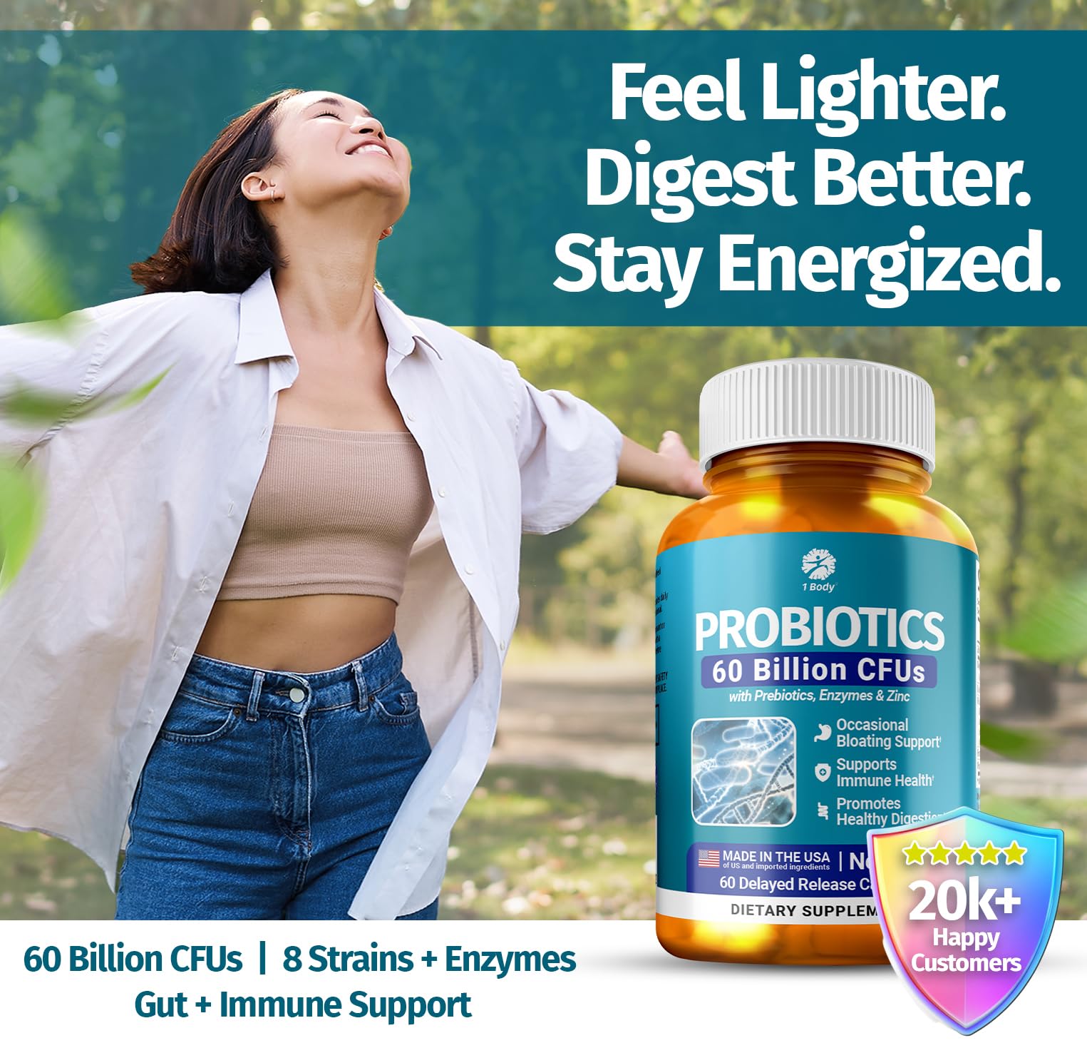 1 Body Probiotic 60 Billion for Men & Women, Gut Health Support with Prebiotics, Digestive Enzymes, Zinc & L-Glutamine, Non-GMO, 60 Vegan Capsules