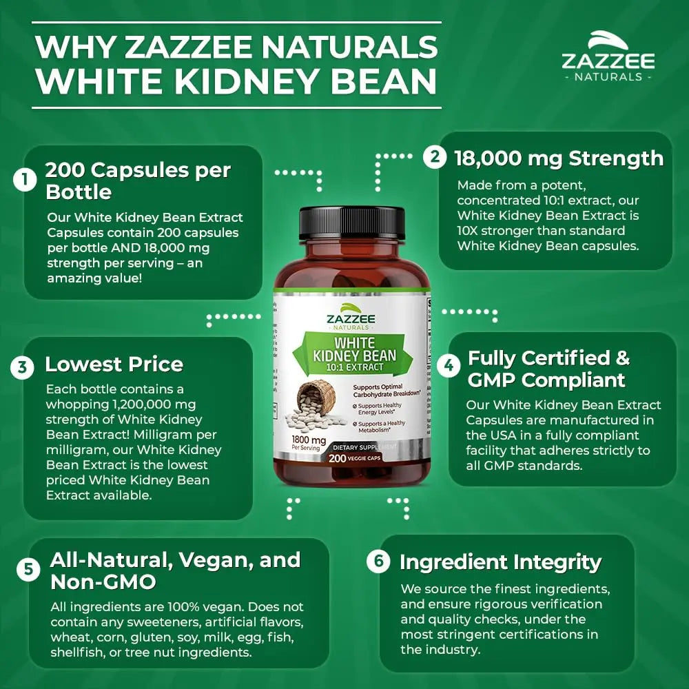 Zazzee White Kidney Bean 10:1 Extract, 18,000 mg Strength, 200 Vegan Capsules, Over 2 Month Supply Zazzee Au supplements