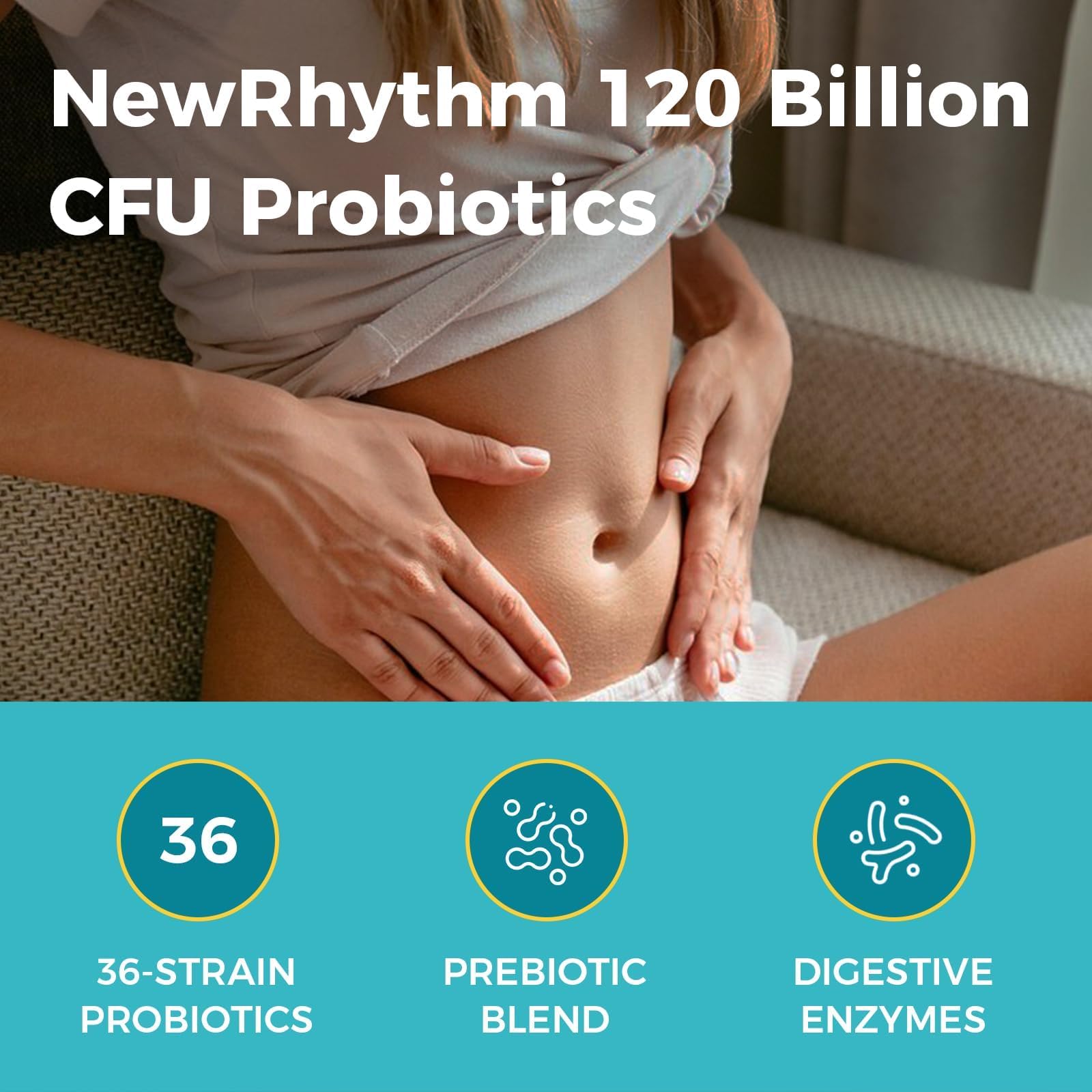 NewRhythm Probiotics 120 Billion CFU 36 Strains, 3-in-1 Probiotics with Prebiotics & Enzymes, Probioticos for Women & Men,