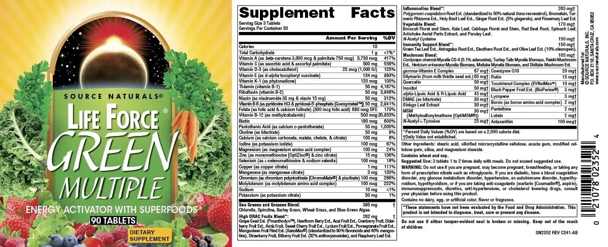 Source Naturals Life Force Green Multiple, Energy Activator with Superfoods* - 90 Tablets Source Naturals Au supplements