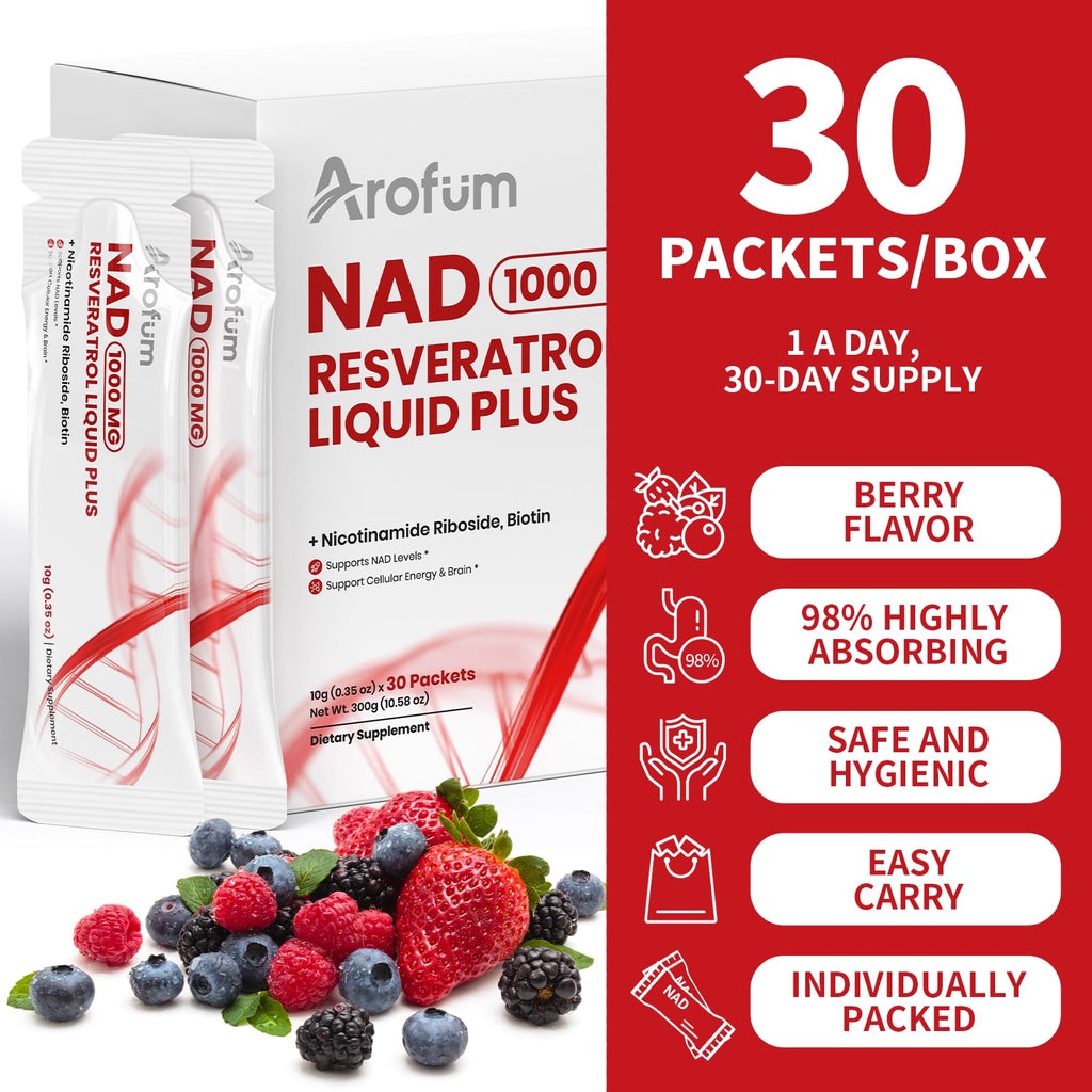 Arofum NAD+ Liquid Supplement 1000mg | 850mg Nicotinamide Riboside with Resveratrol, Quercetin, CoQ10 & Biotin | Cellular Energy, DNA Repair, Healthy Aging | NAD Supplements for Women & Men 30 Packets Arofum Au supplements