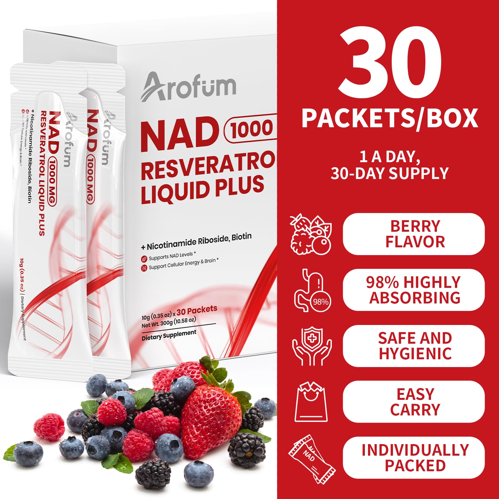 Arofum NAD+ Liquid Supplement 1000mg | 850mg Nicotinamide Riboside with Resveratrol, Quercetin, CoQ10 & Biotin | Cellular Energy, DNA Repair, Healthy Aging | NAD Supplements for Women & Men 30 Packets Arofum Au supplements
