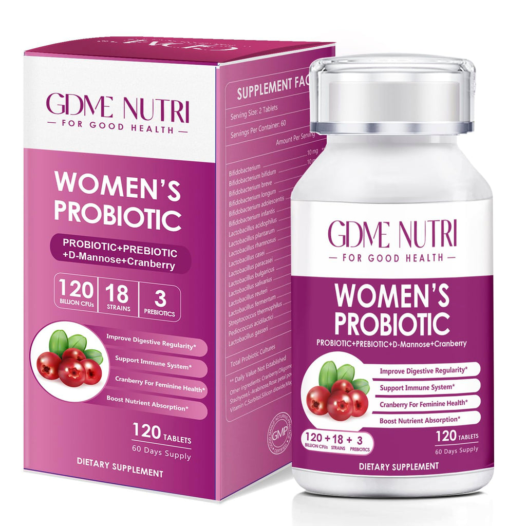 GDMENUTRI Women's Probiotics, 120 Tablets 120 Billion CFU 18 Strains, Contains Organic Prebiotic Cranberry, Probiotic Supplement for Digestion,