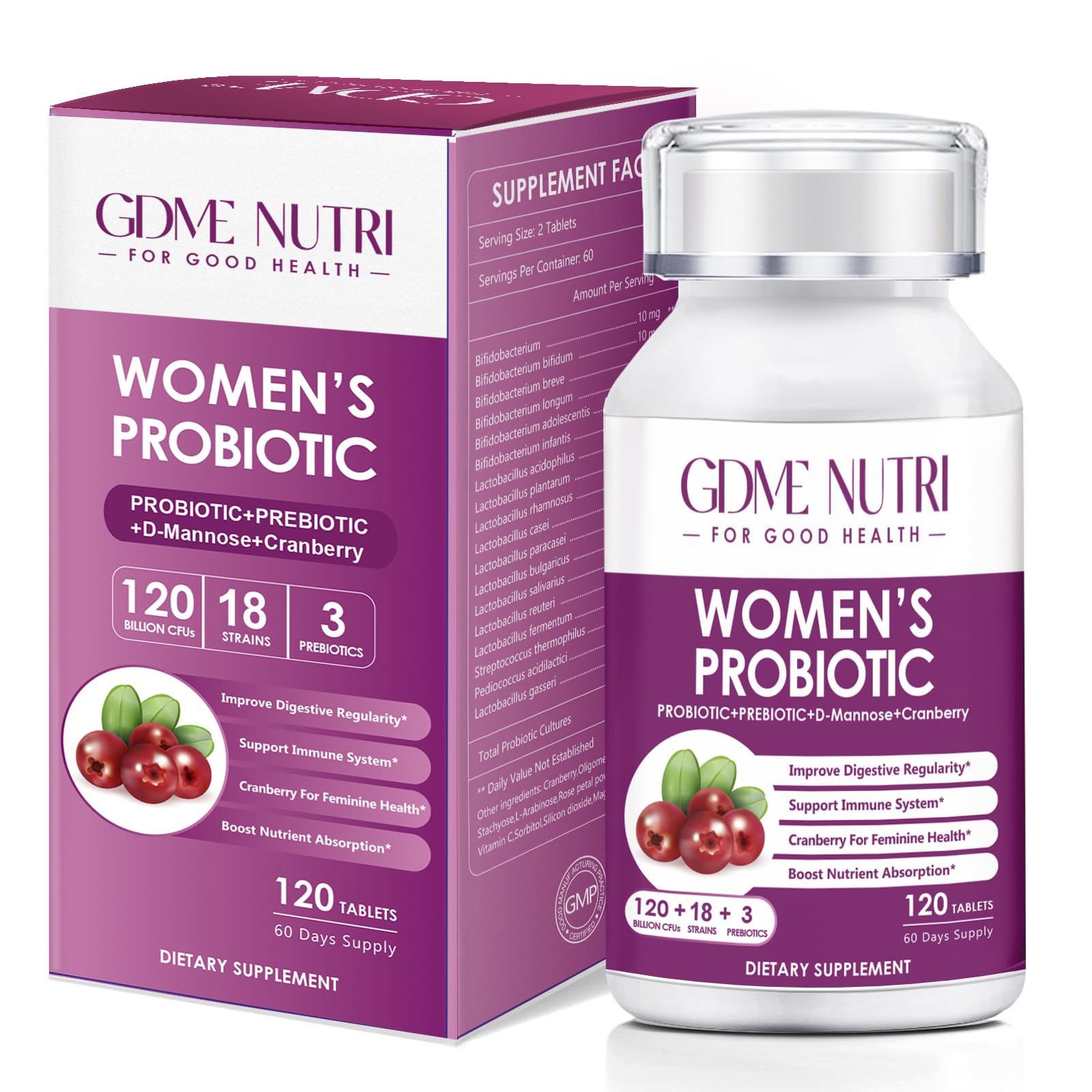 GDMENUTRI Women's Probiotics, 120 Tablets 120 Billion CFU 18 Strains, Contains Organic Prebiotic Cranberry, Probiotic Supplement for Digestion,