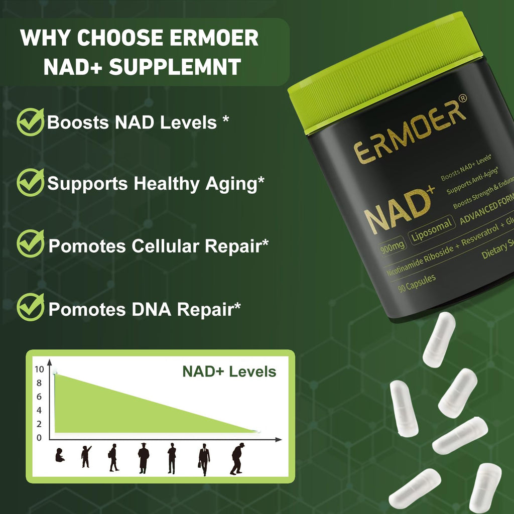 ERMOER NAD Liposomal Nicotinamide Riboside with Resveratrol & Quercetin 900mg, NAD Resveratrol Supplement for Anti Aging, Energy, Antioxidant, Focus (90 Count) ERMOER Au supplements