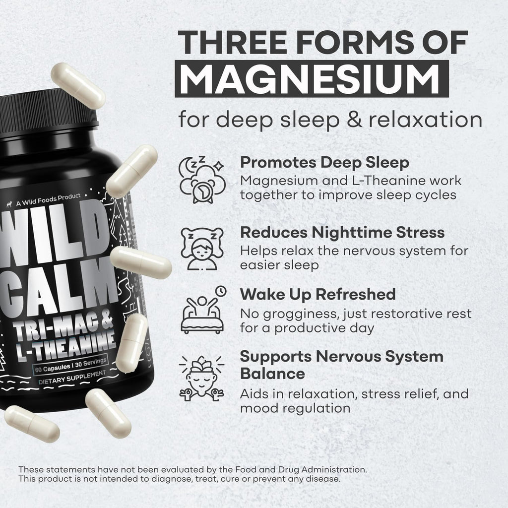 Wild Foods Tri-Mag & L-Theanine – Triple Magnesium Complex for Sleep w/L Theanine – Magnesium Glycinate, Malate, Taurate – 100% Natural – 60 Capsules Wild Foods Au supplements