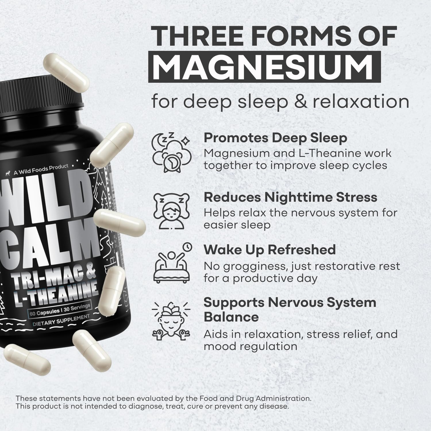 Wild Foods Tri-Mag & L-Theanine – Triple Magnesium Complex for Sleep w/L Theanine – Magnesium Glycinate, Malate, Taurate – 100% Natural – 60 Capsules Wild Foods Au supplements