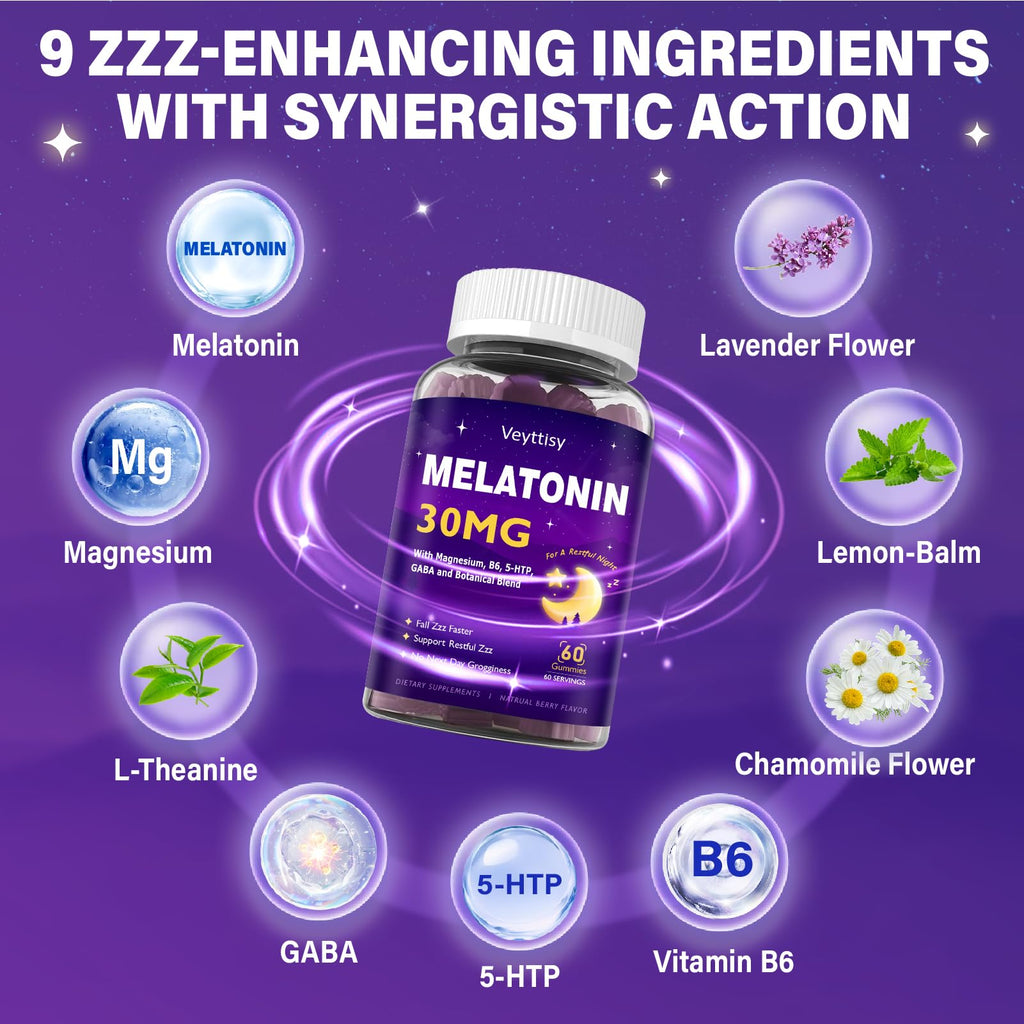 Veyttisy Melatonin 30mg Gummies for Adults - Sugar Free Melatonin Gummies Maximum Strength with Magnesium, B6, GABA & Botanical Blend - Non-Habit Forming,Vegan