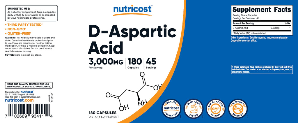 Nutricost D-Aspartic Acid (DAA) Capsules 3000mg Per Serving (180 Capsules) - Non-GMO