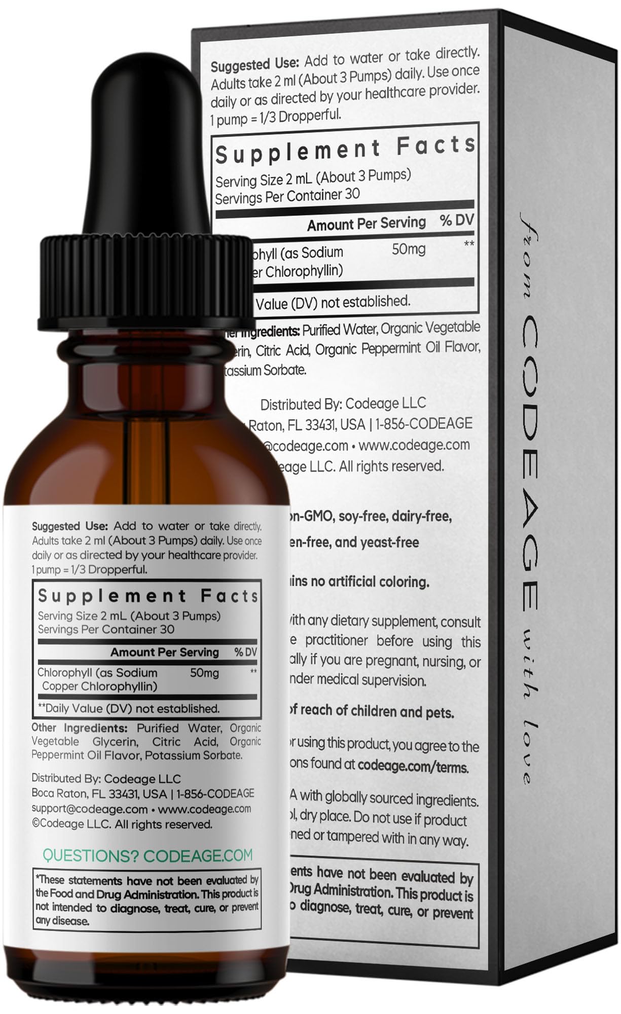 Codeage Chlorophyll Liquid Drops Supplement - Vegan Chlorophyll 50 mg per Serving, Organic Peppermint Flavor Clorofila Drink - Non-GMO, Gluten-Free, Vegan - 2 fl oz Codeage Au supplements