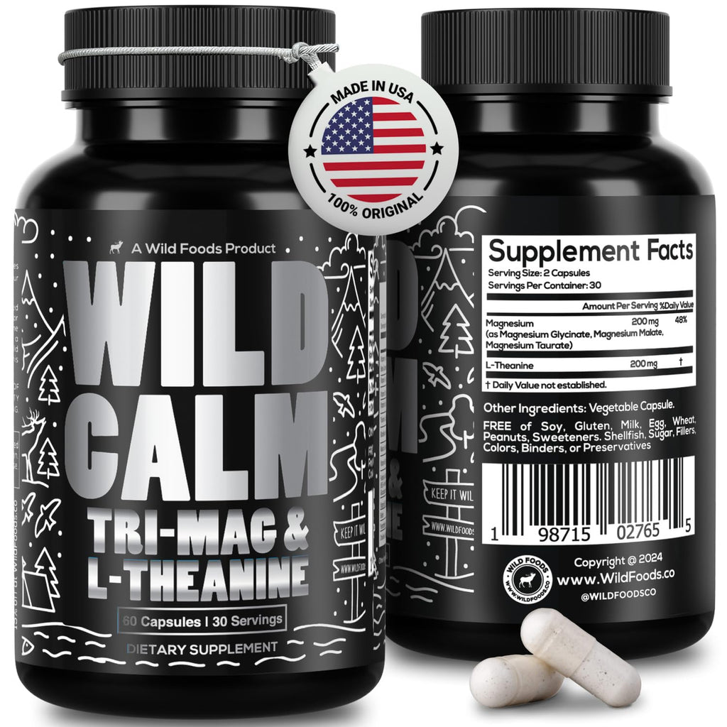 Wild Foods Tri-Mag & L-Theanine – Triple Magnesium Complex for Sleep w/L Theanine – Magnesium Glycinate, Malate, Taurate – 100% Natural – 60 Capsules Wild Foods Au supplements