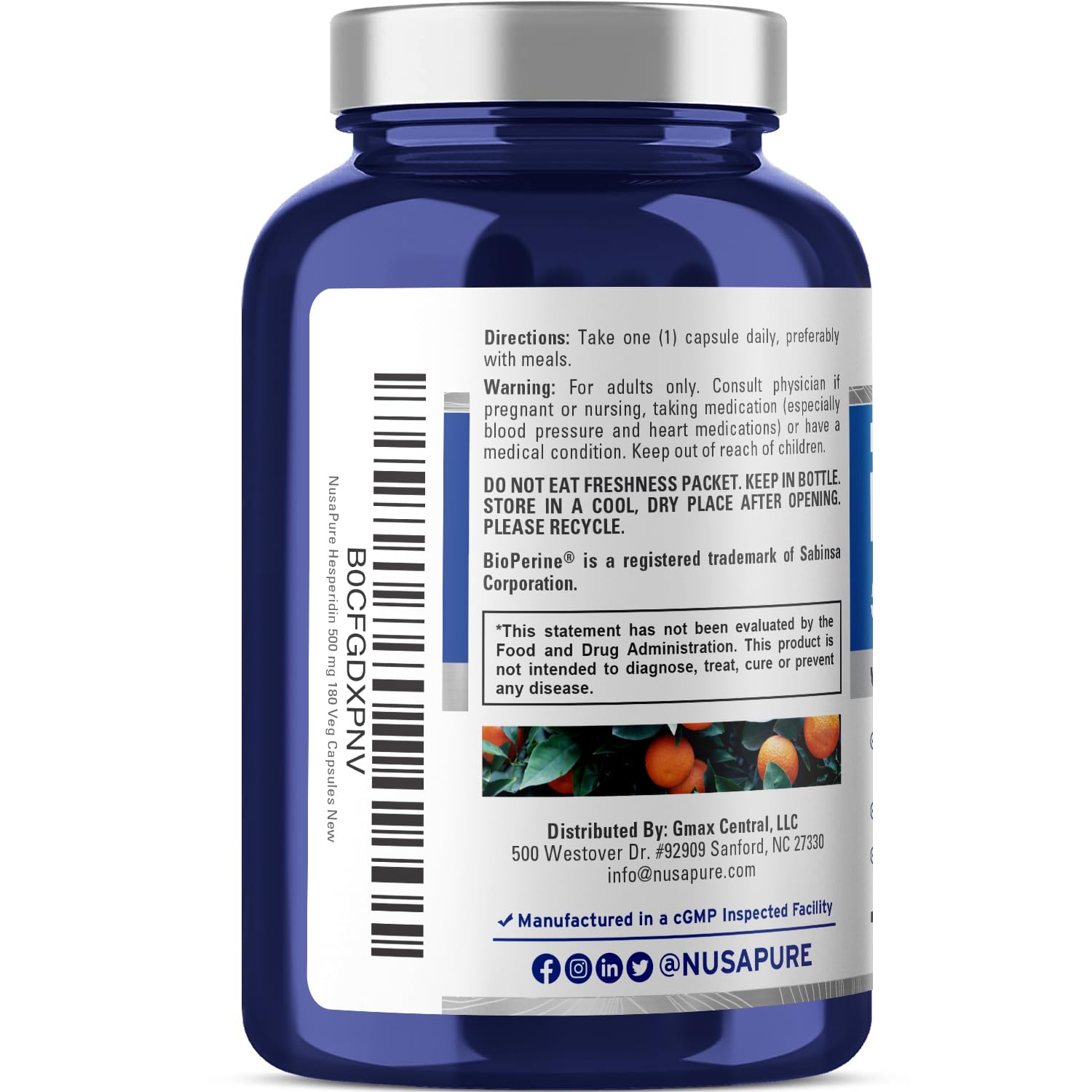 NusaPure Hesperidin 500 mg per Veggie Caps - 180 Capsules (BioPerine, High Absorption, Non-GMO) NusaPure Au supplements