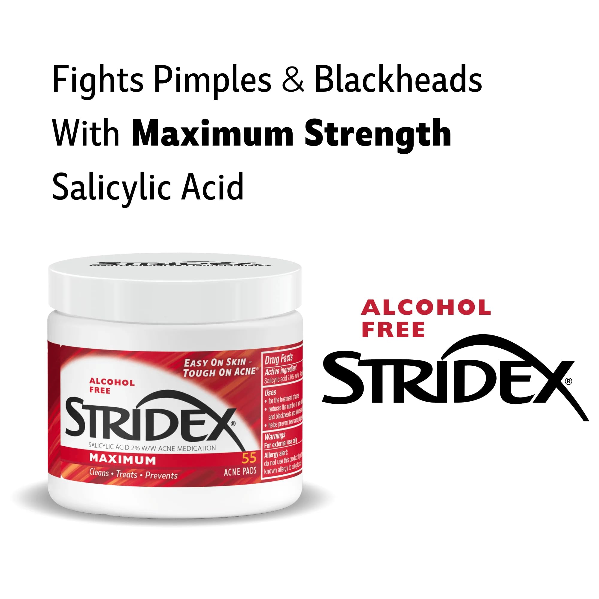 Stridex Medicated Acne Pads, Maximum, 55 Count – Facial Cleansing Wipes, Alcohol Free