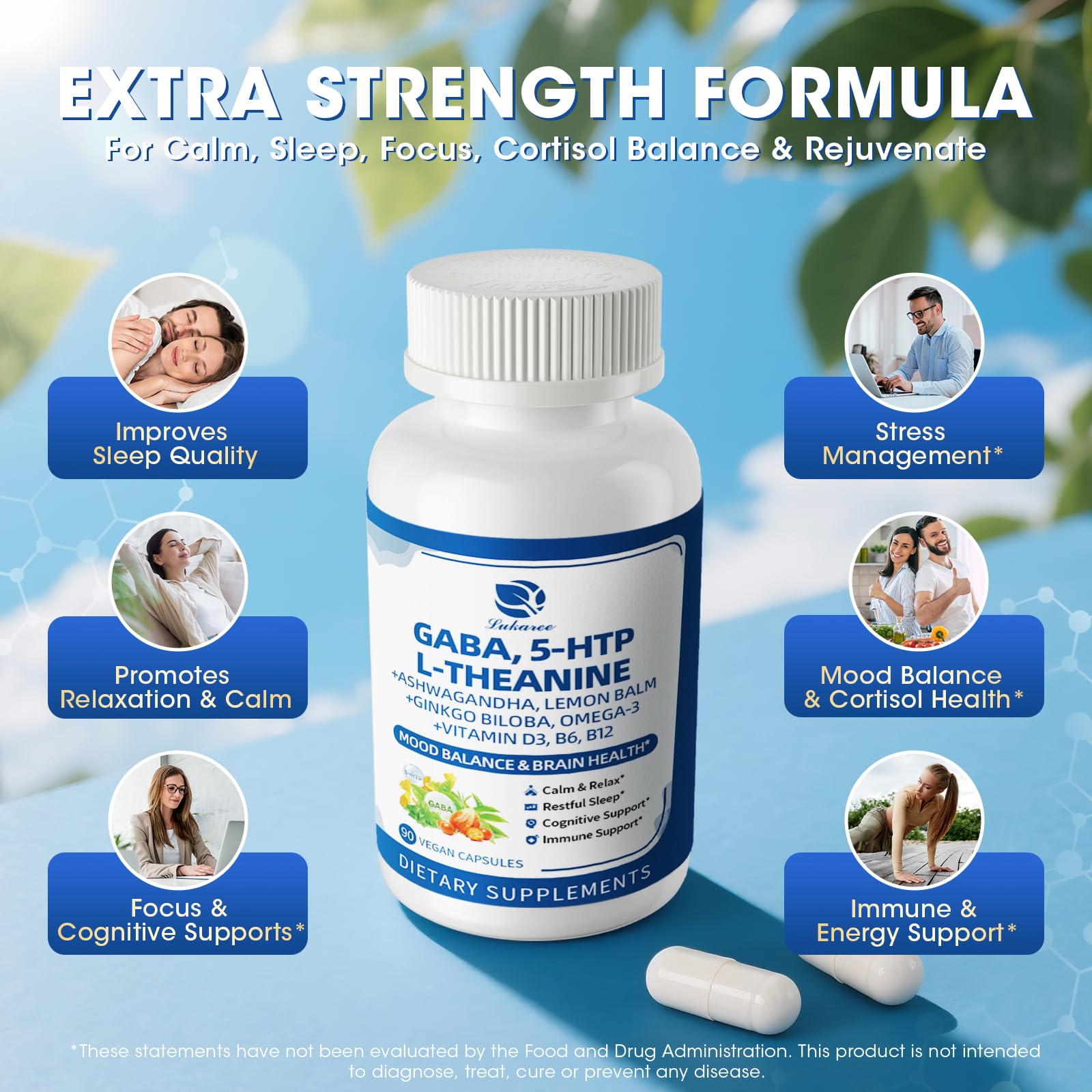 GABA Supplements 750mg with L Theanine, 5HTP, Ashwagandha, Lemon Balm, Ginkgo Biloba, Omega-3, 10 in 1 GABA Calm Capsules for Sleep, Relaxation, Focus, Mood Support, Cortisol Balance - 90CT Lukaree Au supplements