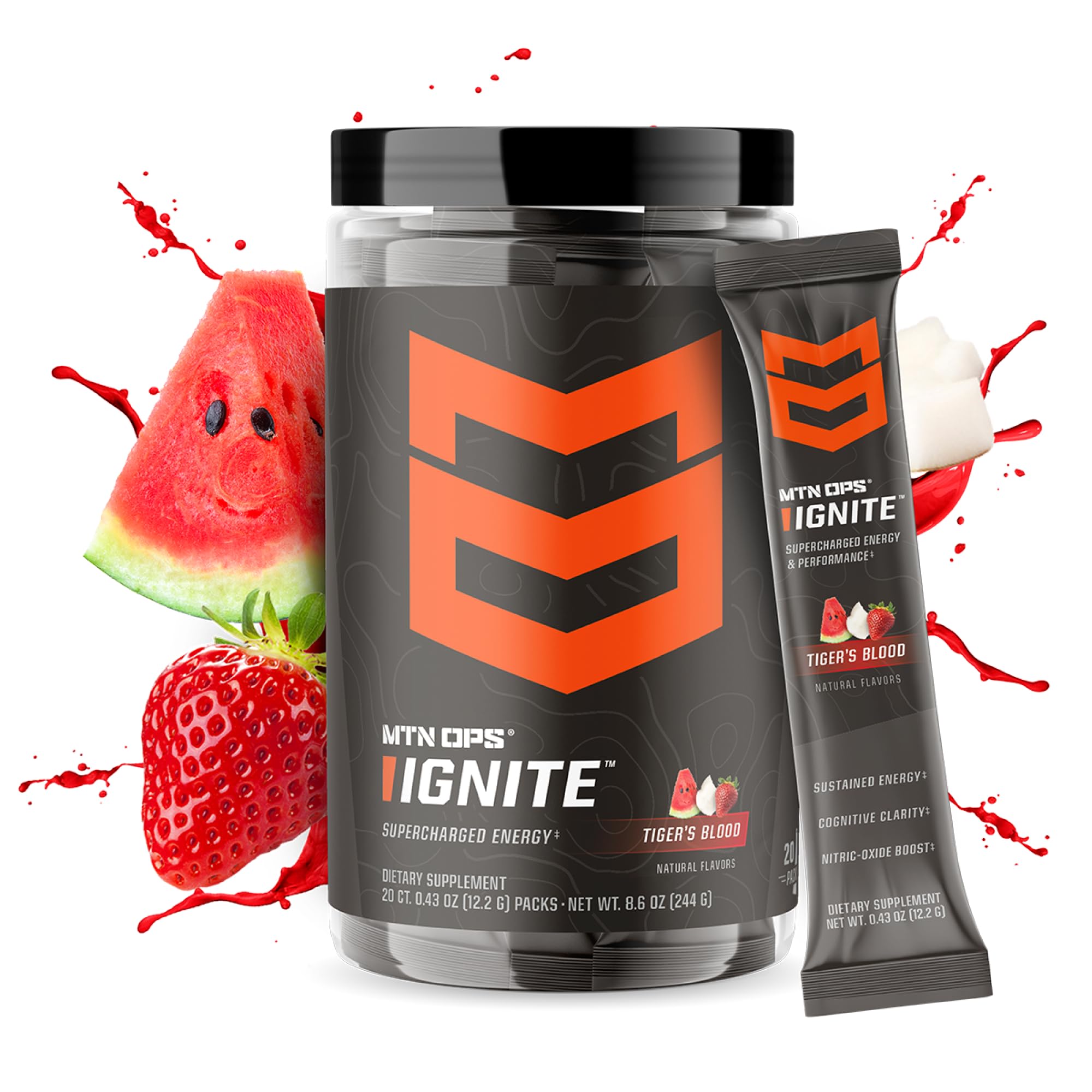 MTN OPS Ignite Trail Packs Energy Drink Powder, Gluten Free Nootropic Supplement Drink Mix, L Arginine, L Citrulline, Caffeine & Nootropic Sugar Free Drink Mix, 20 Servings, Tiger's Blood MTN OPS Au supplements