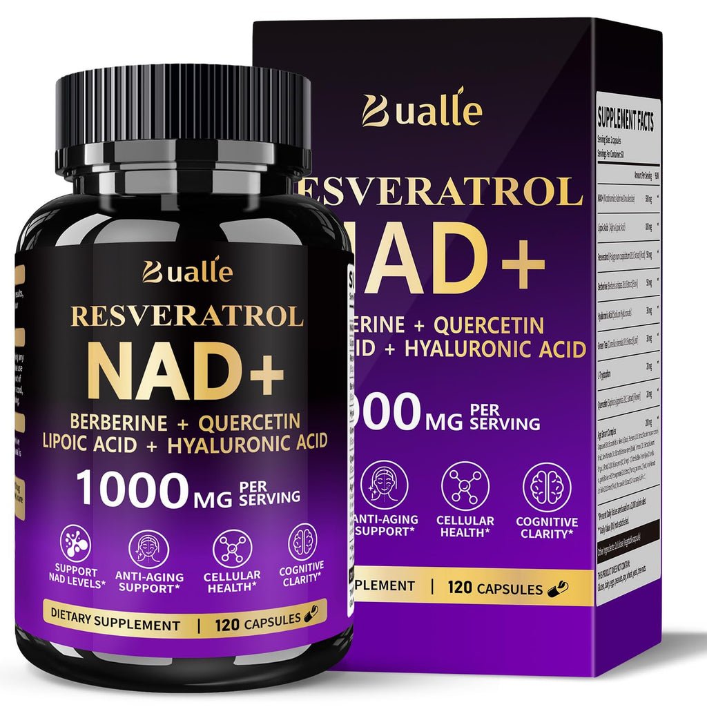 Bualle NAD Supplement, Liposomal NAD Resveratrol Supplement Contains Berberine, Alpha Lipoic Acid,Hyaluronic Acid & Quercetin - Joint Function& Support Anti-Aging,NMN Alternative -120 Capsules Bualle Au supplements