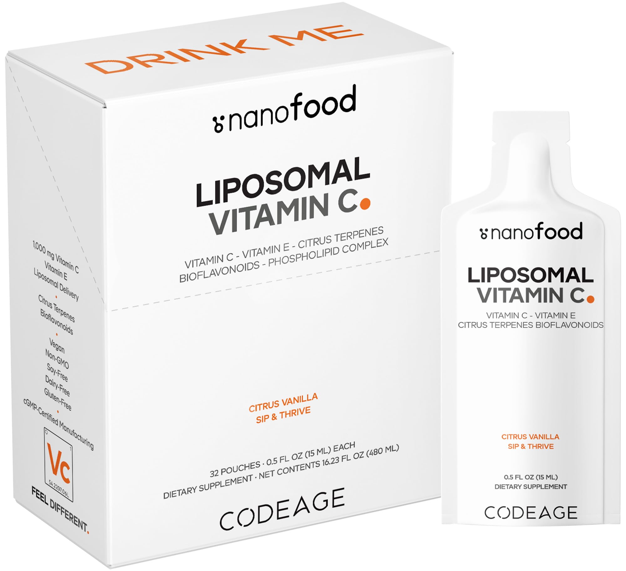 Codeage Liposomal Vitamin C Liquid 1000mg Vitamin C, 4000mg Essential Phospholipids, Supplement For Daily Immune Support, Liposomes For Absorption, Citrus Bioflavonoids, Vitamin E, Non-GMO, 32 Pouches Codeage Au supplements