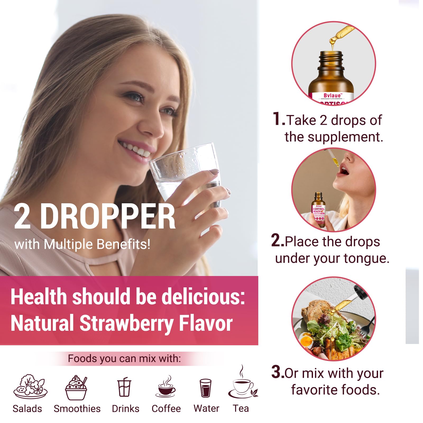 Bvlaue Cortisol Supplements Detox for Women - 20-in-1 Cortisol Reducer,Manager,Lower w/Ashwagandha,Magnesium,L-Theanine,Saffron,Rhodiola for Hormone Balance/Sleep/Stress Relief,Strawberry Flavor Bvlaue Au supplements
