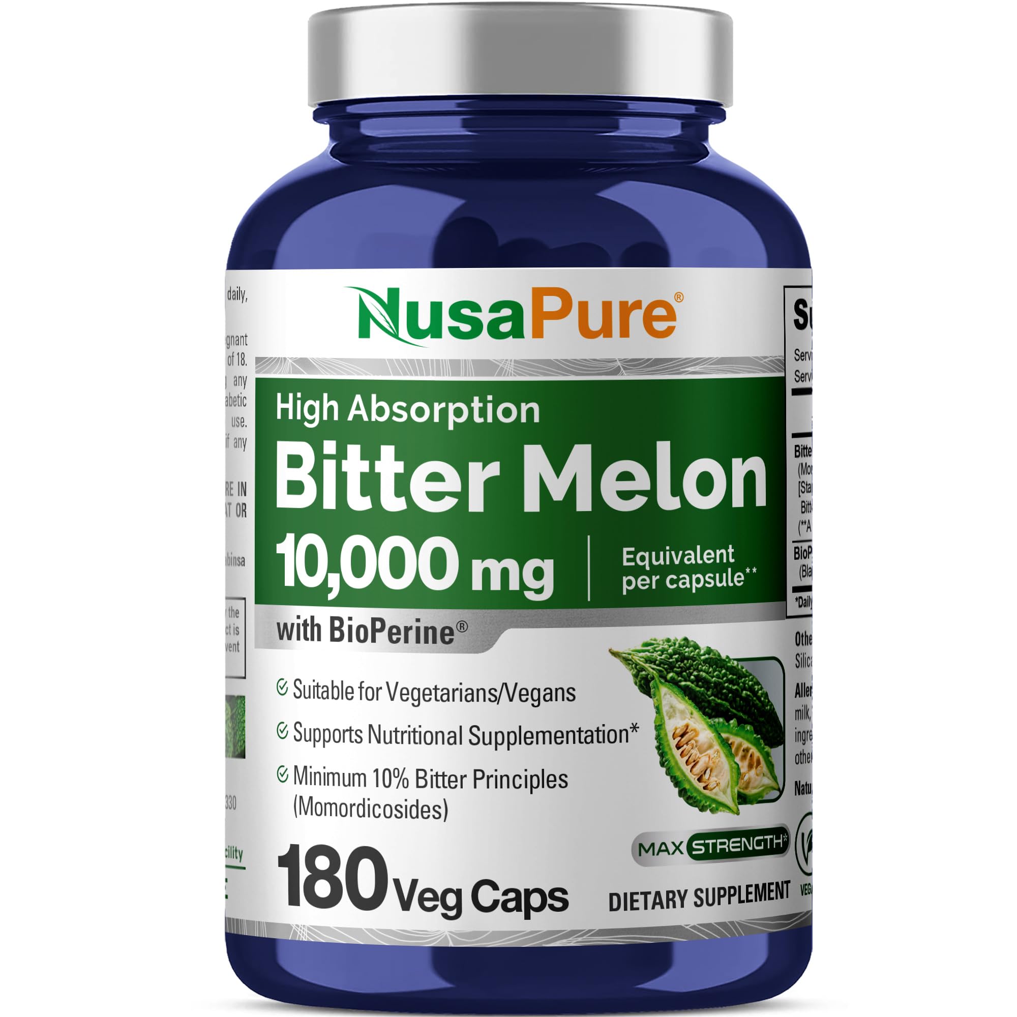 NusaPure Bitter Melon Extract 10,000 mg 180 Vegan Caps (100% Vegetarian, Non-GMO, Gluten-Free, 10% Bitter Principles) Bioperine NusaPure Au supplements