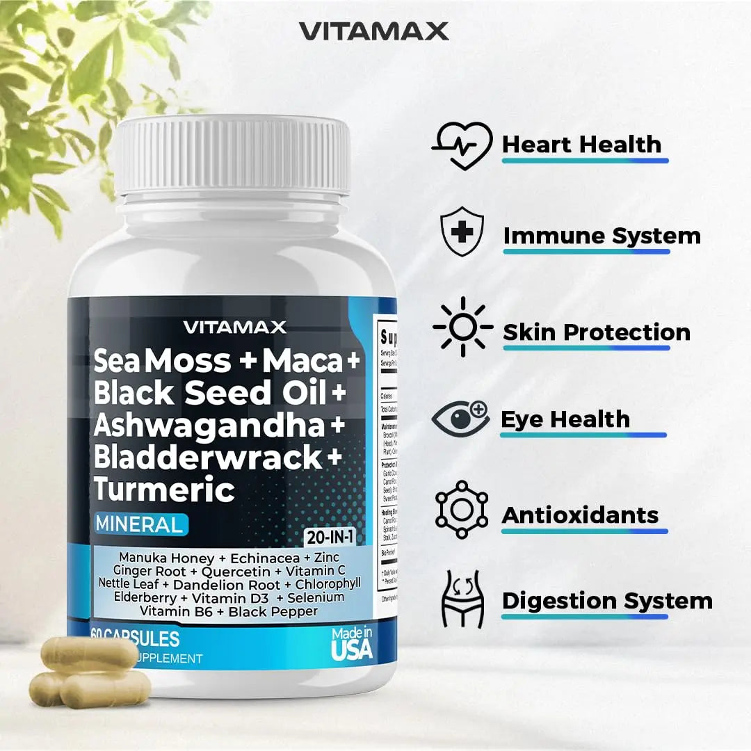 Sea Moss, Maca, Black Seed Oil, Ashwagandha, Bladderwrack, Turmeric Vitamax Au supplements
