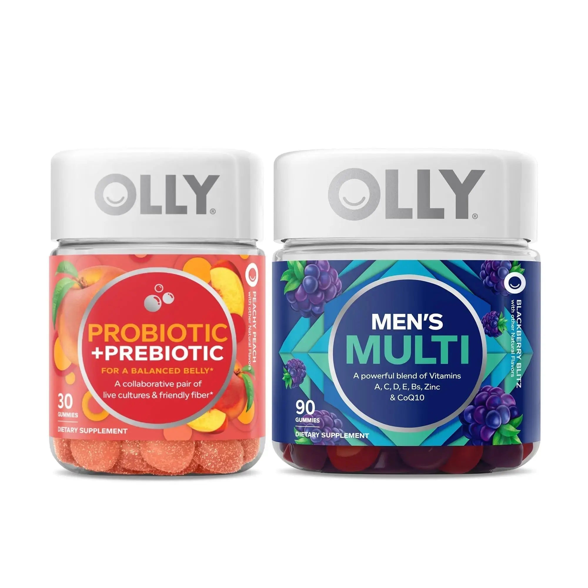 OLLY Probiotic + Prebiotic and Men’s Perfect Multi Starter Pack Bundle, Live Cultures & Friendly Fiber, Vitamins A, D, C, E, Bs, Zinc & CoQ1030, 30 and 90 Count OLLY Au supplements