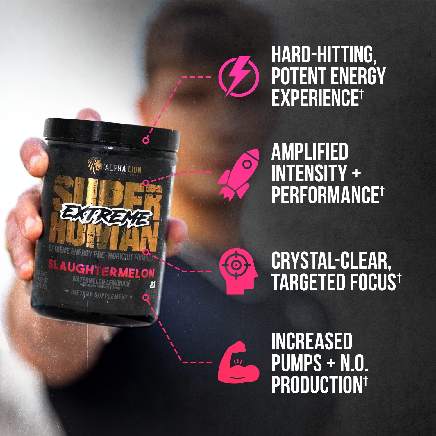 ALPHA LION Superhuman Extreme High Stim Pre Workout Powder, Beta Alanine, L-Taurine & 356mg Tri-Source Caffeine for Sustained Energy, Nitric Oxide & Citrulline for Pump (21 Servings, Slaughtermelon)
