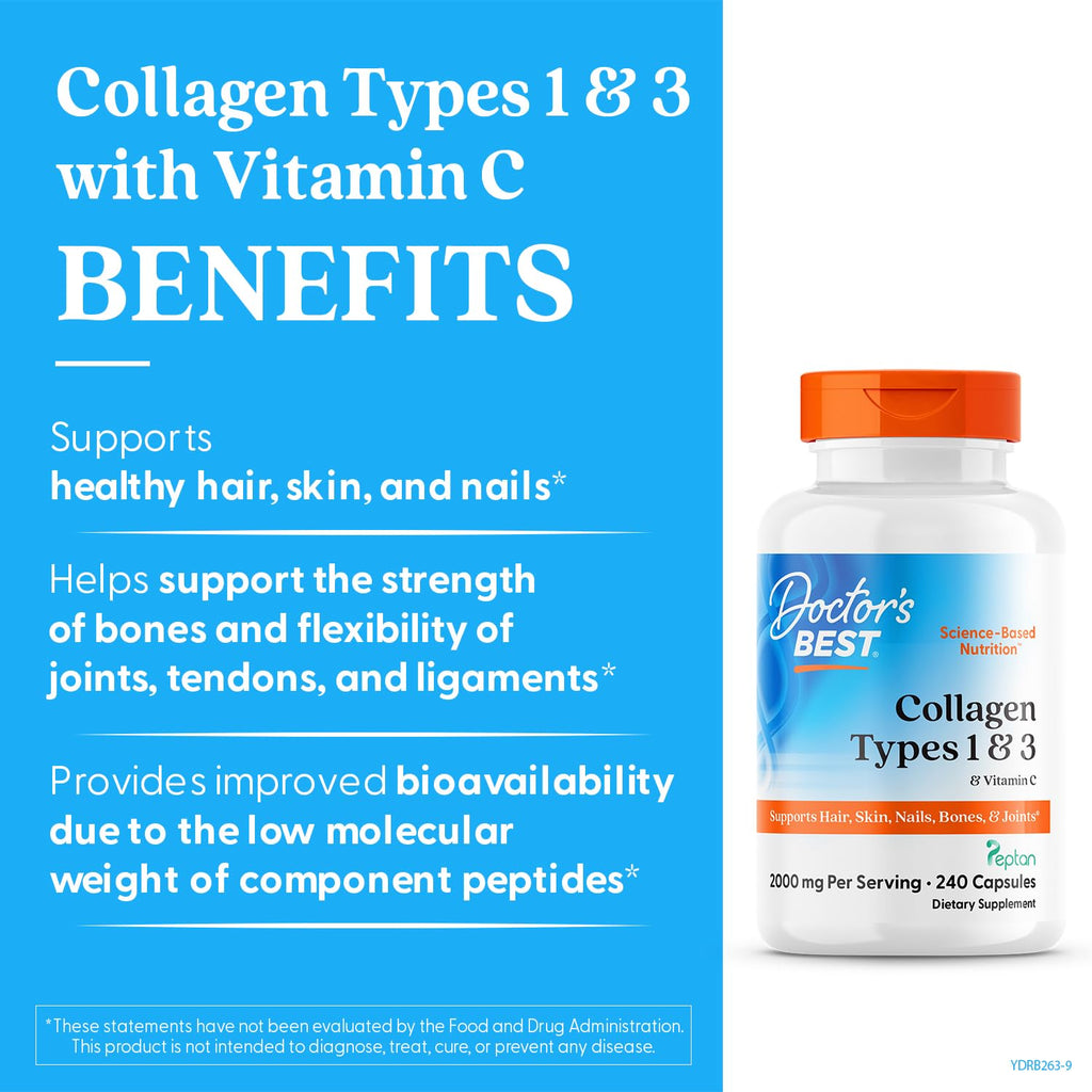Doctor's Best Collagen Types 1 & 3 with Vitamin C, Non-GMO, Gluten Free, Soy Free, Supports Hair, Skin, Nails, Tendons & Bones, 500 mg, 240 Caps (DRB-00263) Doctor's BEST Au supplements