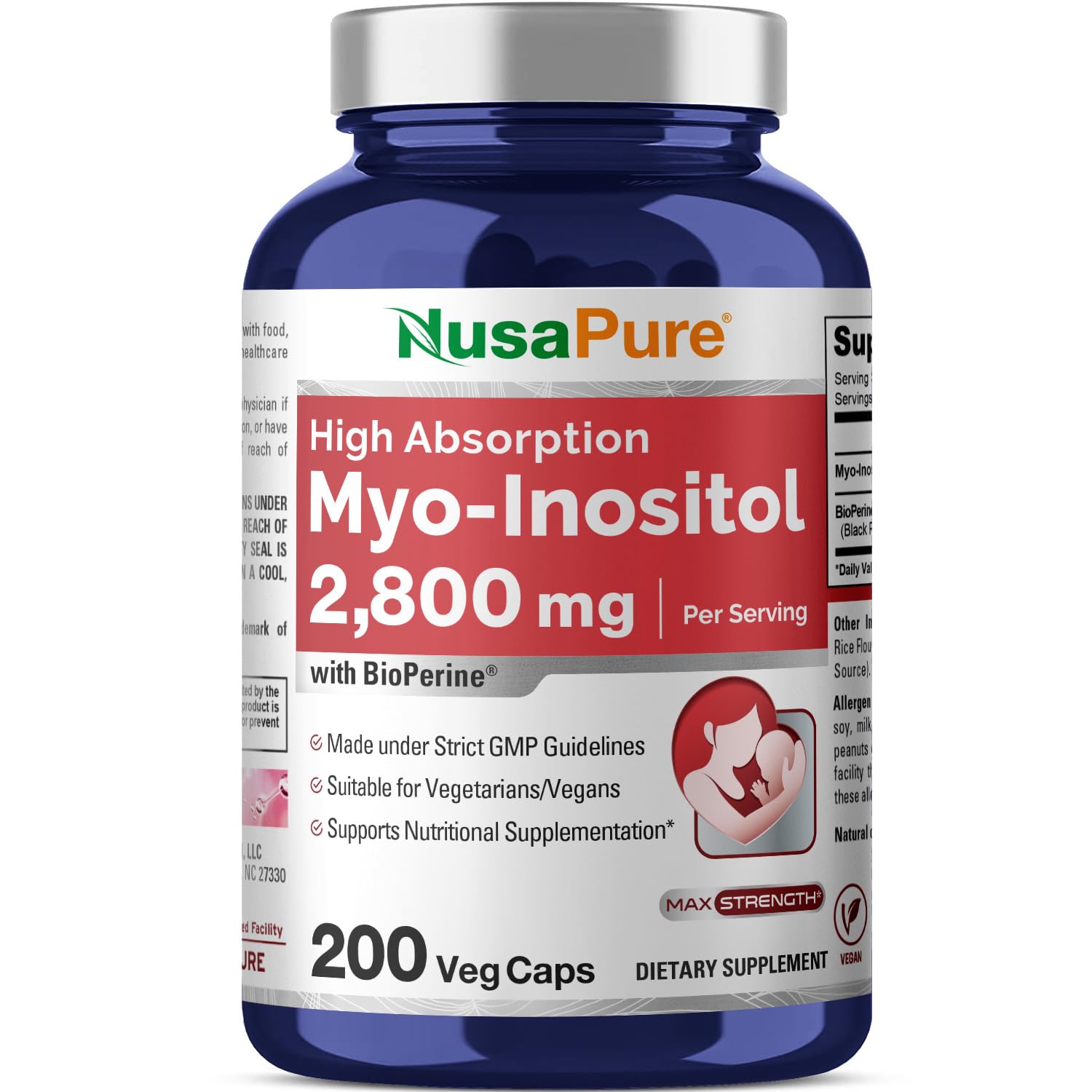 NusaPure Myo-Inositol - Suitable for Vegetarian/Vegan, Non - GMO - 2800mg, 200 Capsules NusaPure Au supplements