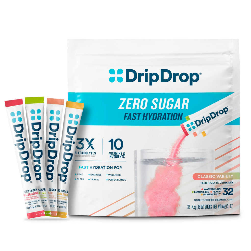 DripDrop Sugar Free Hydration Packets - Zero Classic Variety Pack - Single Serve Electrolytes Powder Drink Mix - Lemon Lime, Watermelon, Peach, Passion Fruit