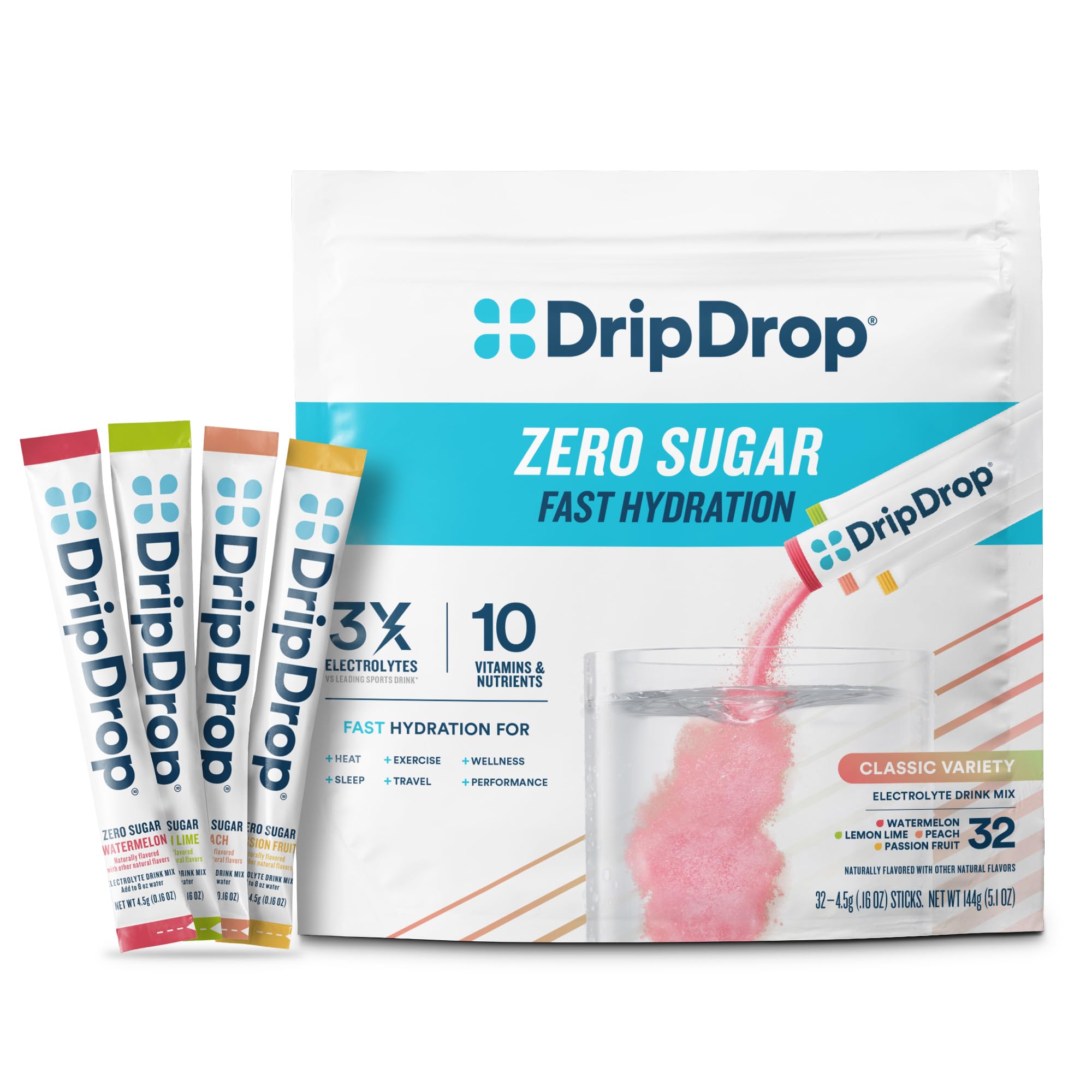 DripDrop Sugar Free Hydration Packets - Zero Classic Variety Pack - Single Serve Electrolytes Powder Drink Mix - Lemon Lime, Watermelon, Peach, Passion Fruit