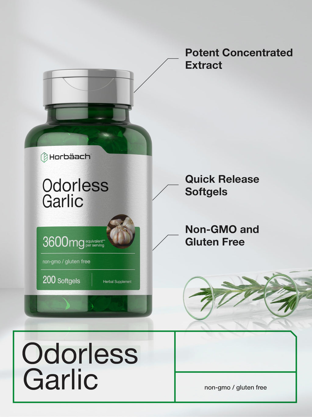 Horbäach Odorless Garlic Softgel Supplement | 200 Count | Ultra Potent Concentrated Herbal Extract | Non-GMO & Gluten Free