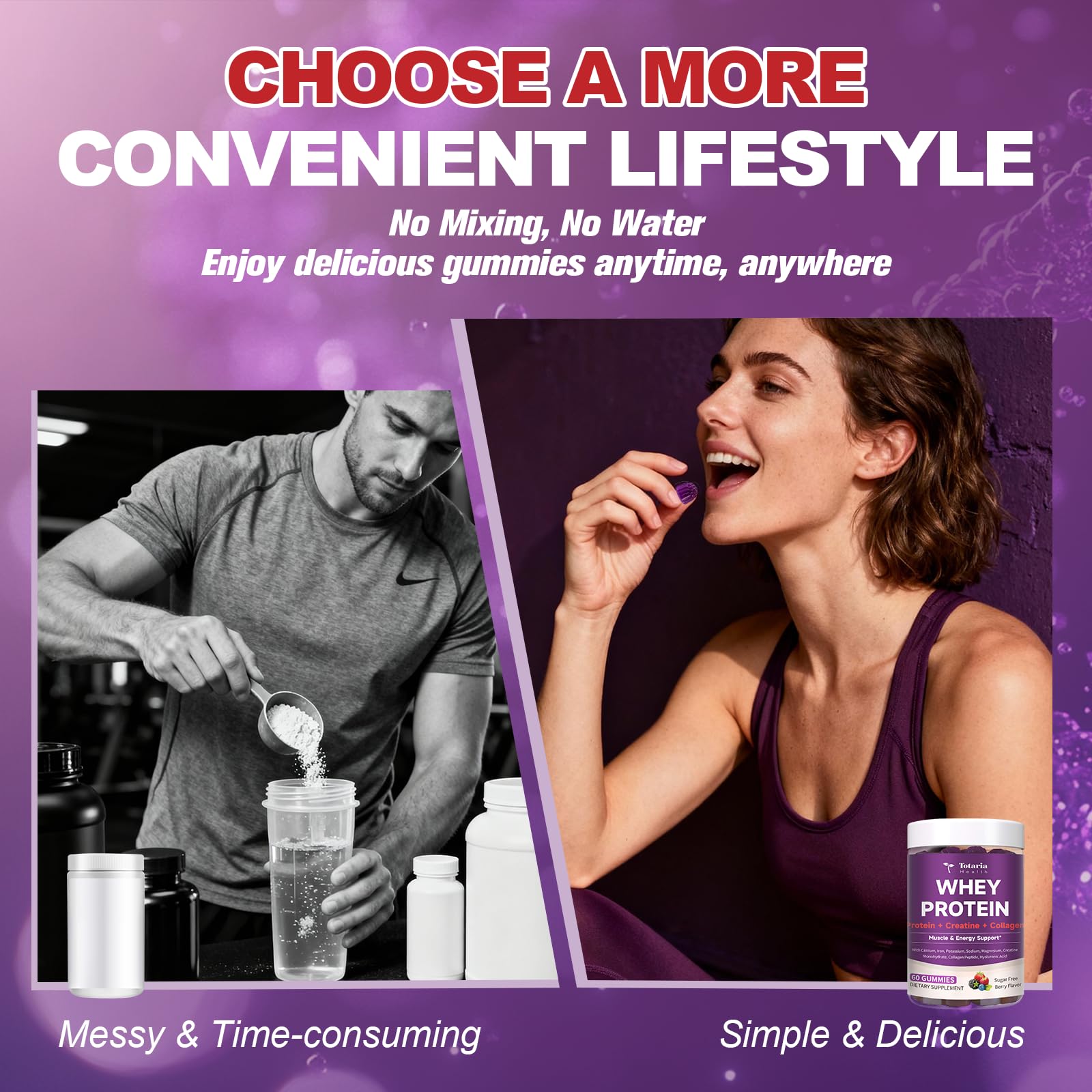 3 in 1 Whey Protein Gummies | Creatine Monohydrate | Collagen, 0 Sugar, Pure Protein Source, Muscle & Energy Support, Berry Flavor, for Women and Men