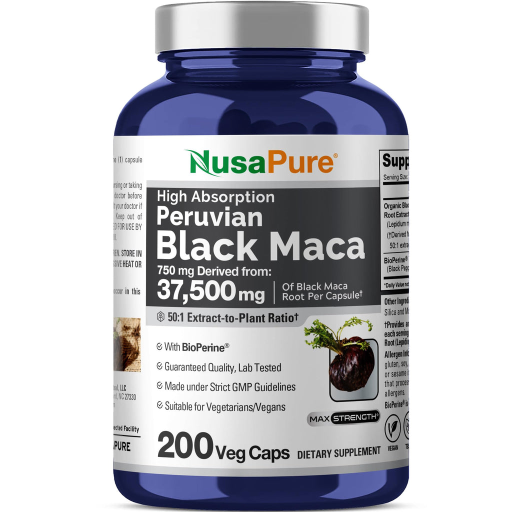 NusaPure Peruvian Black Maca Root Extract 50:1 - Suitable for Vegetarian/Vegan, Non - GMO - 37500 mg - 200 Capsules NusaPure Au supplements