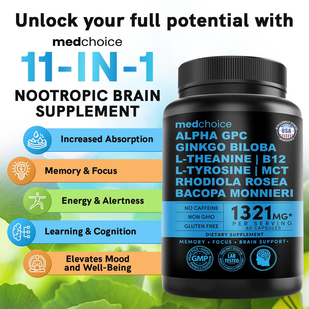 12-in-1 Nootropic Brain Supplement Anhydrous: Ginkgo Biloba for Brain Support, Memory and Focus - B12, Alpha GPC, L Theanine and Choline Supplements with Bioperine non Caffeinated 1321mg (120ct) MEDCHOICE Au supplements