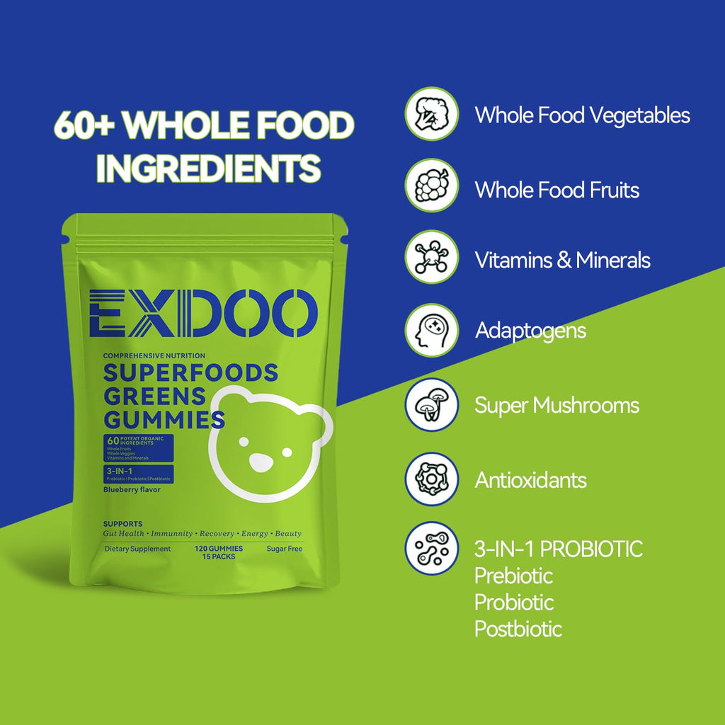 exdoo Super Greens Fiber Gummies Multivitamin Superfood Gummy with Spirulina Chlorella Prebiotic Probiotic Postbiotic for Digestive Health Supplement 15 Packs 120 Gummies exdoo Au supplements