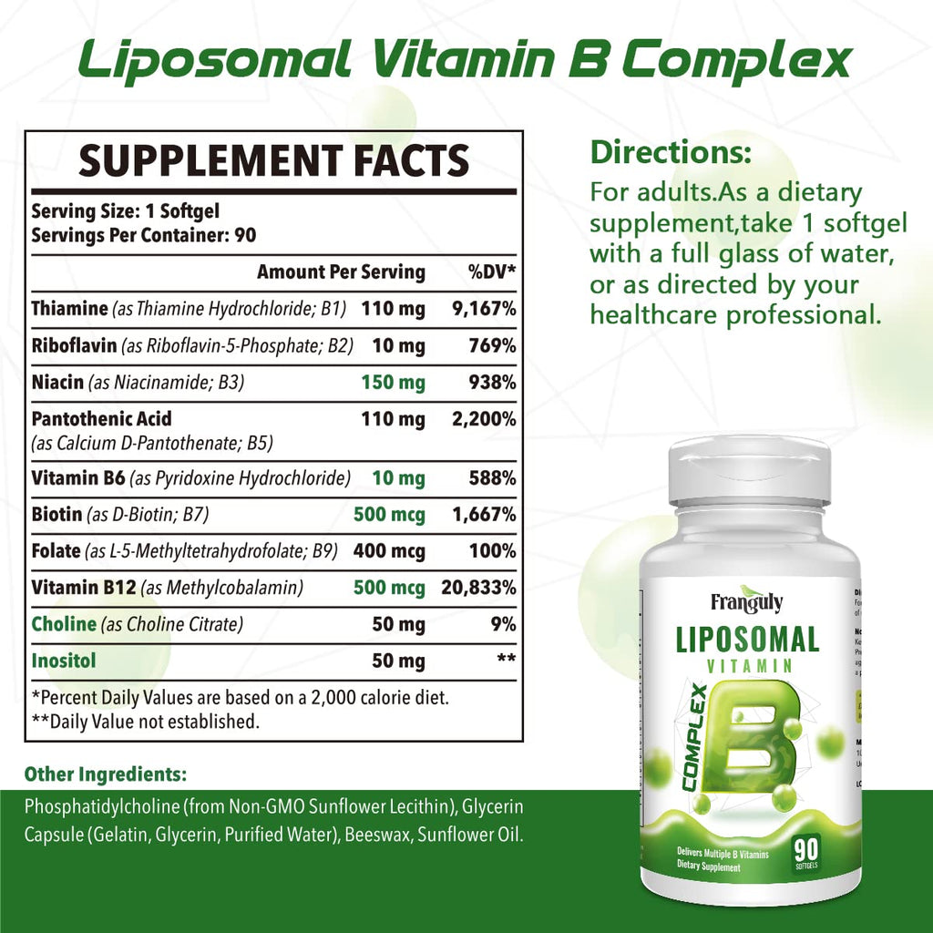 Liposomal B Complex for High Absorption Methylated B12,L-Methyfolate(5-MTHF ),Full Active B Vitamins with Choline Inositol-Energy, Metabolism,Brain & Heart Support