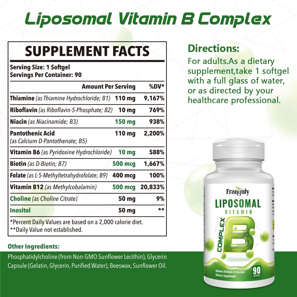 Liposomal B Complex for High Absorption Methylated B12,L-Methyfolate(5-MTHF ),Full Active B Vitamins with Choline Inositol-Energy, Metabolism,Brain & Heart Support