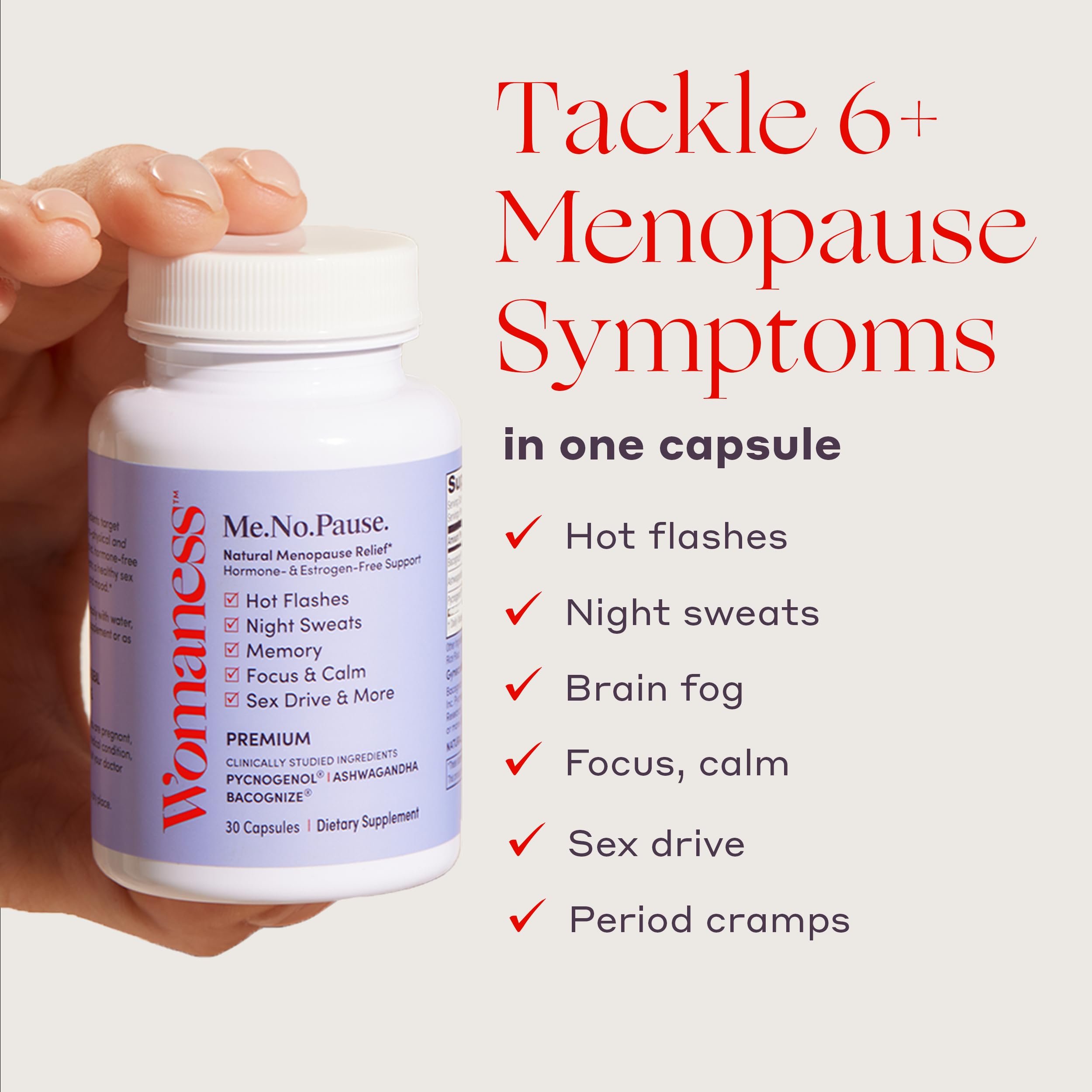 Womaness Menopause Supplements for Women - Hormone Balance for Women Perimenopause and Menopause - Ashwagandha, Pycnogenol and Bacognize for Hot Flashes, Brain Fog and Mood Hormone Free - 30 Capsules Womaness Au supplements
