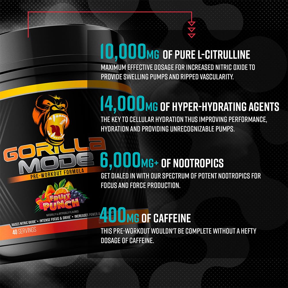 Gorilla Mode Pre Workout - Massive Pumps · Laser Focus · Energy · Power - L-Citrulline, Creatine, L-Tyrosine, Betaine, Hydroprime®, Alpha-GPC, 400mg Caffeine, Huperzine A - 792g (Rocket Frost)
