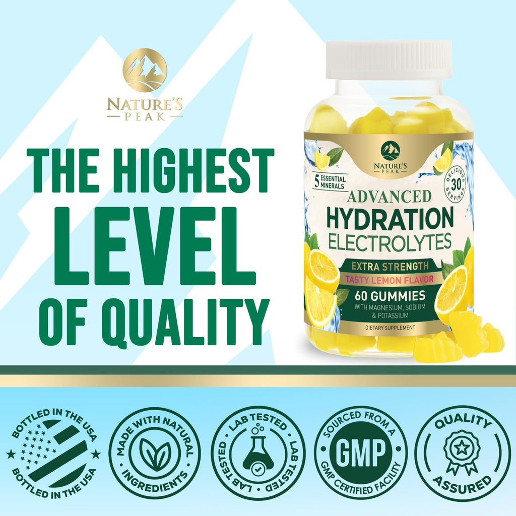Hydration Electrolyte Gummies - Daily Liquid Replenisher Gummy - Electrolyte Multiplier with Minerals, Potassium & Real Salt - Vegan, Non-GMO - Tasty Lemon Flavor Hydration Electrolytes - 60 Gummies